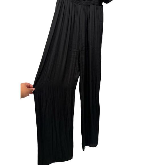 Maje $345 Black Satin Pant Jumpsuit Elastic Waist Size 42/ XL Flutter Sleeves - Picture 5 of 11